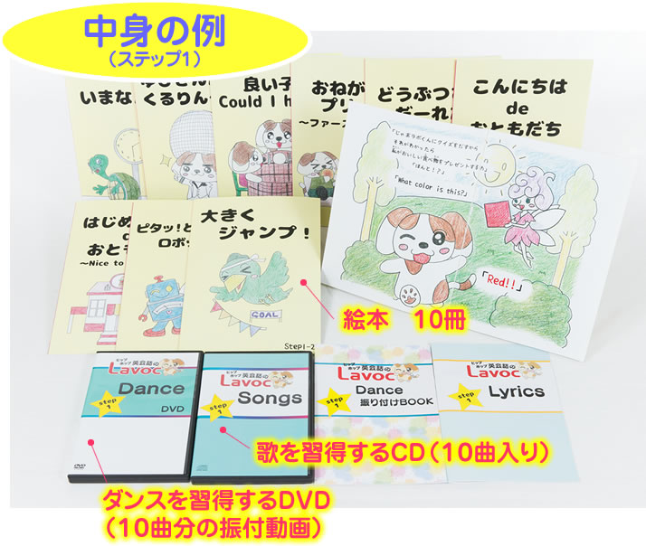 歌を習得するCD(10曲入り)、ダンスを習得するDVD(10曲分の振付動画)、絵本 10冊